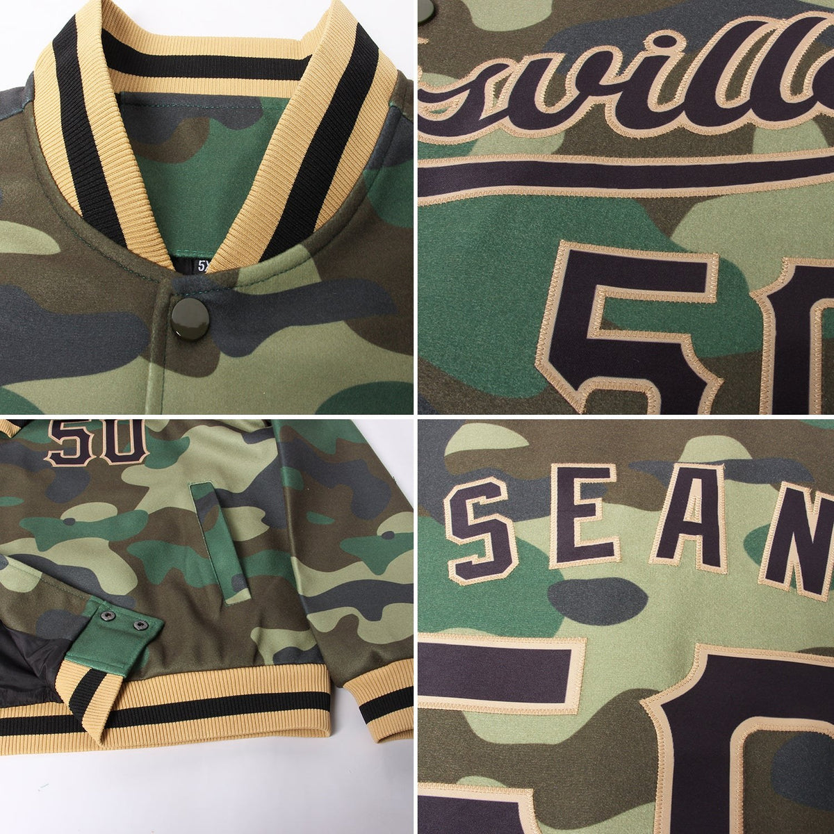 Custom Camo Black-Old Gold Bomber Full-Snap Varsity Letterman Salute To Service Jacket photo 4