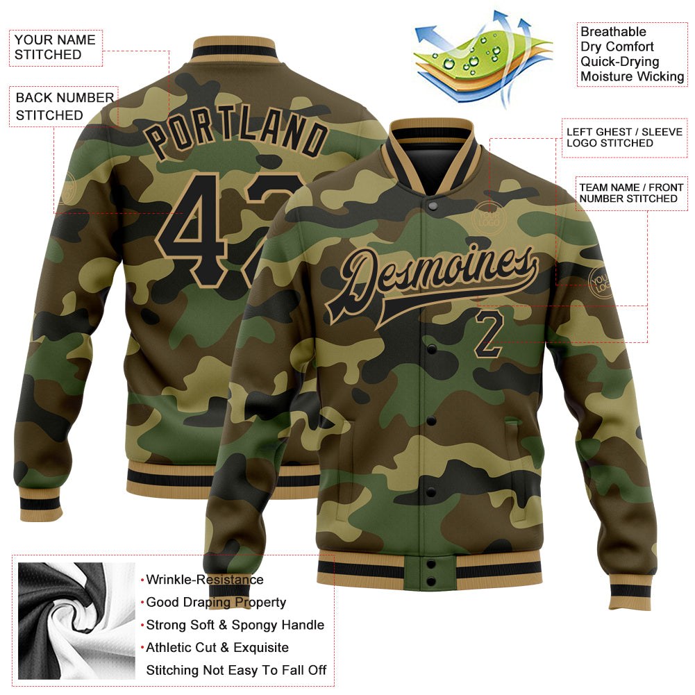 Custom Camo Black-Old Gold Bomber Full-Snap Varsity Letterman Salute To Service Jacket photo 5