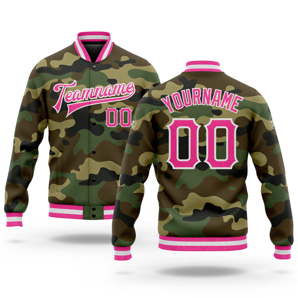 Custom Camo Pink-White Bomber Full-Snap Varsity Letterman Salute To Service Jacket
