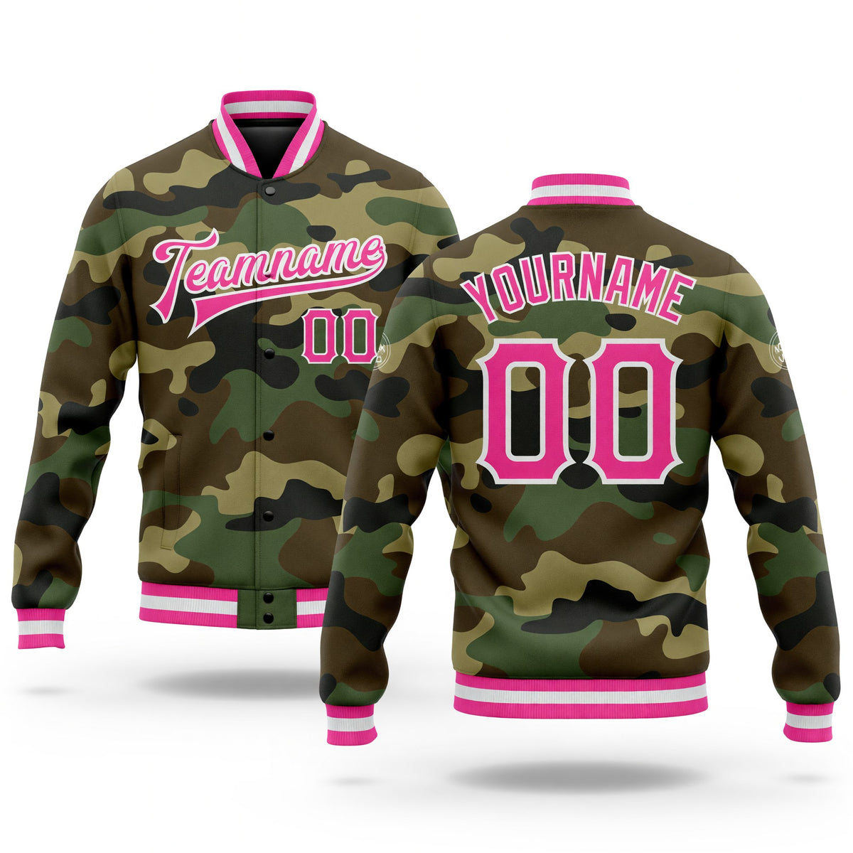 Custom Camo Pink-White Bomber Full-Snap Varsity Letterman Salute To Service Jacket