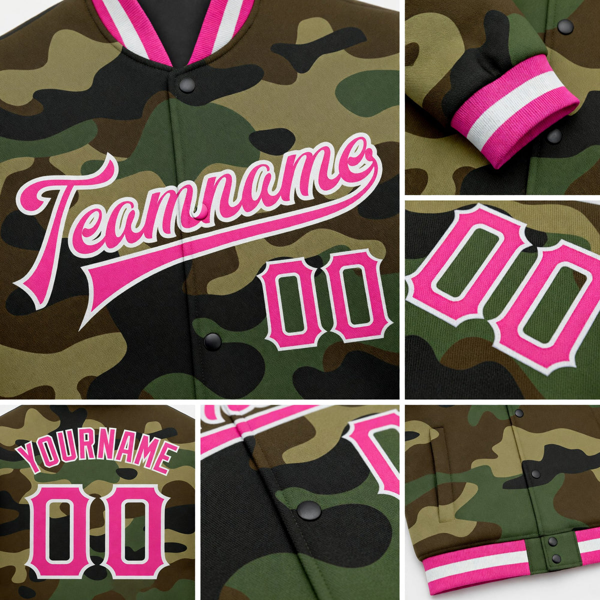 Custom Camo Pink-White Bomber Full-Snap Varsity Letterman Salute To Service Jacket detail