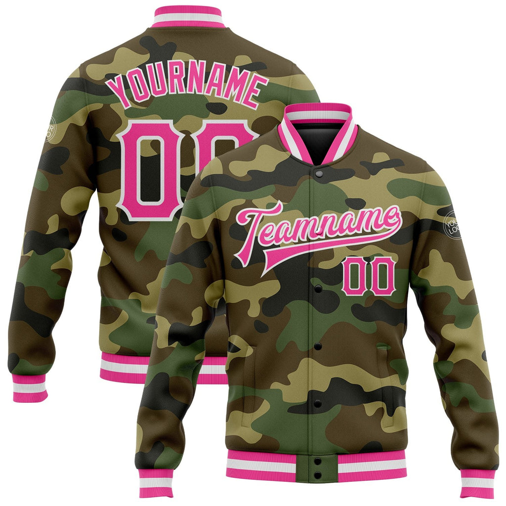 Custom Camo Pink-White Bomber Full-Snap Varsity Letterman Salute To Service Jacket photo 1