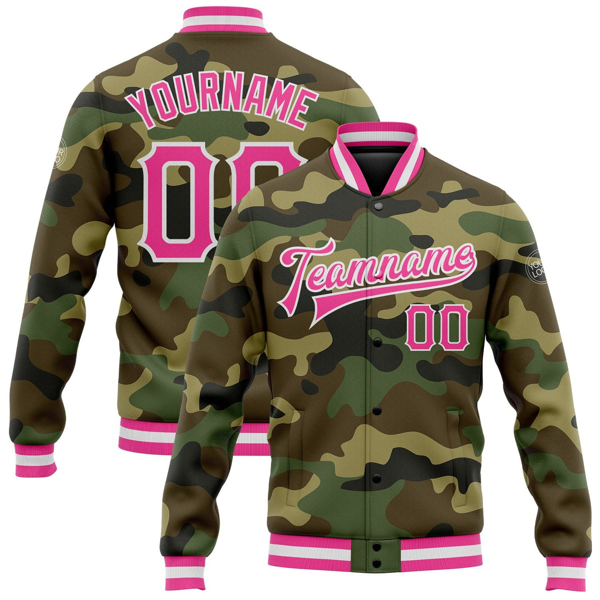 Custom Camo Pink-White Bomber Full-Snap Varsity Letterman Salute To Service Jacket photo 1
