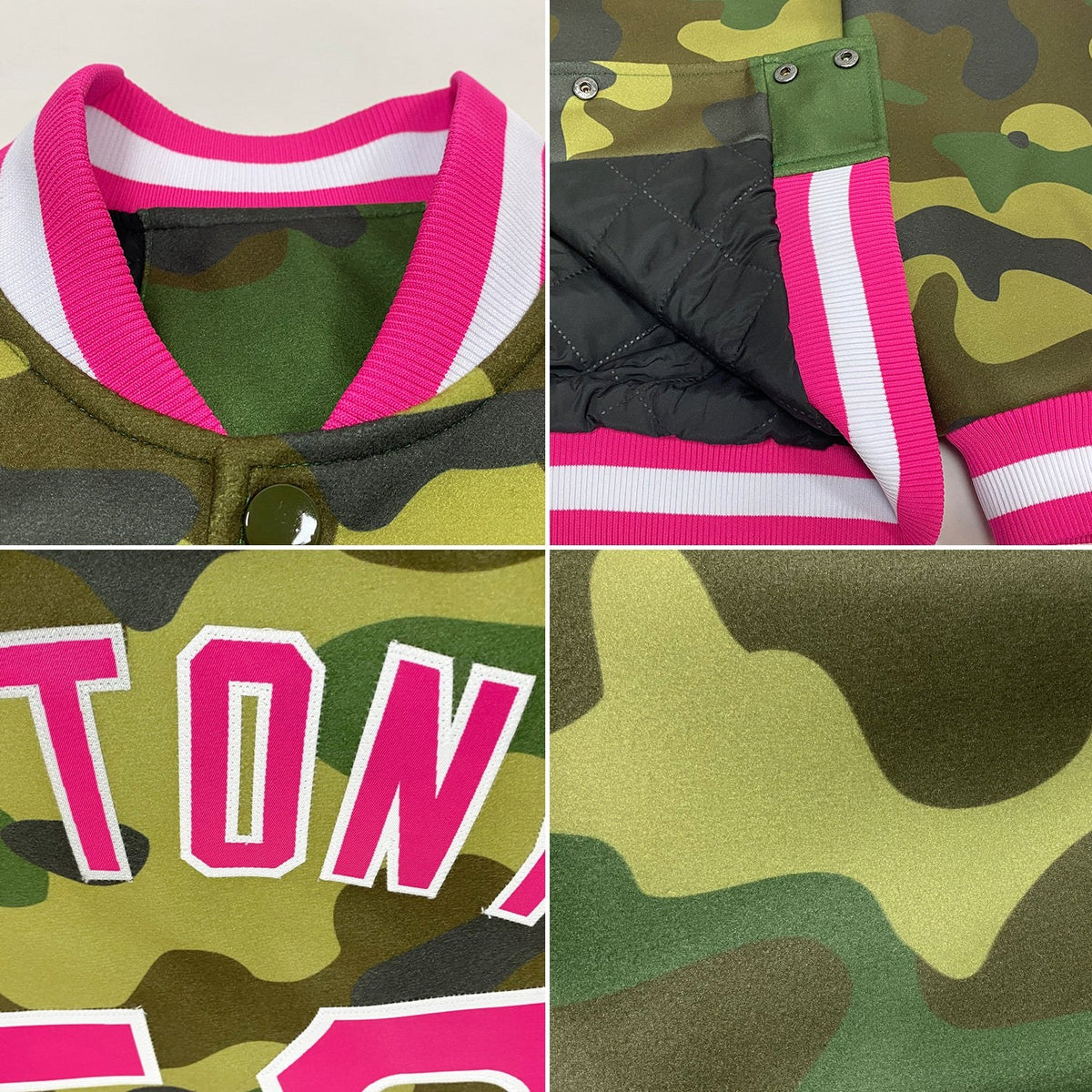 Custom Camo Pink-White Bomber Full-Snap Varsity Letterman Salute To Service Jacket photo 4
