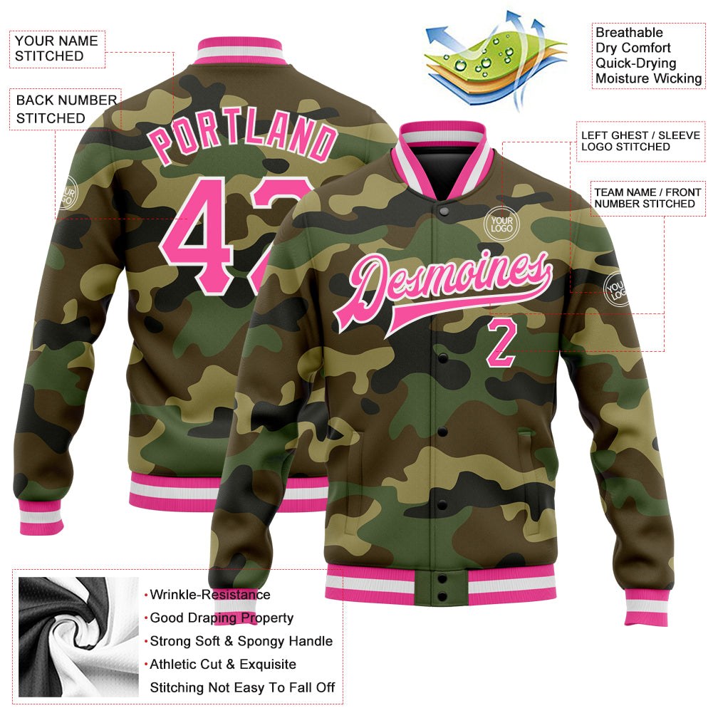 Custom Camo Pink-White Bomber Full-Snap Varsity Letterman Salute To Service Jacket photo 5