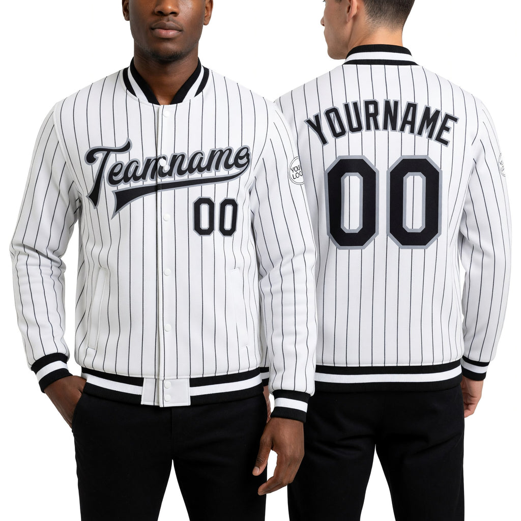 Custom White Black Pinstripe Black-Gray Bomber Full-Snap Varsity Letterman Jacket worn front and back