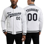 Custom White Black Pinstripe Black-Gray Bomber Full-Snap Varsity Letterman Jacket worn front and back