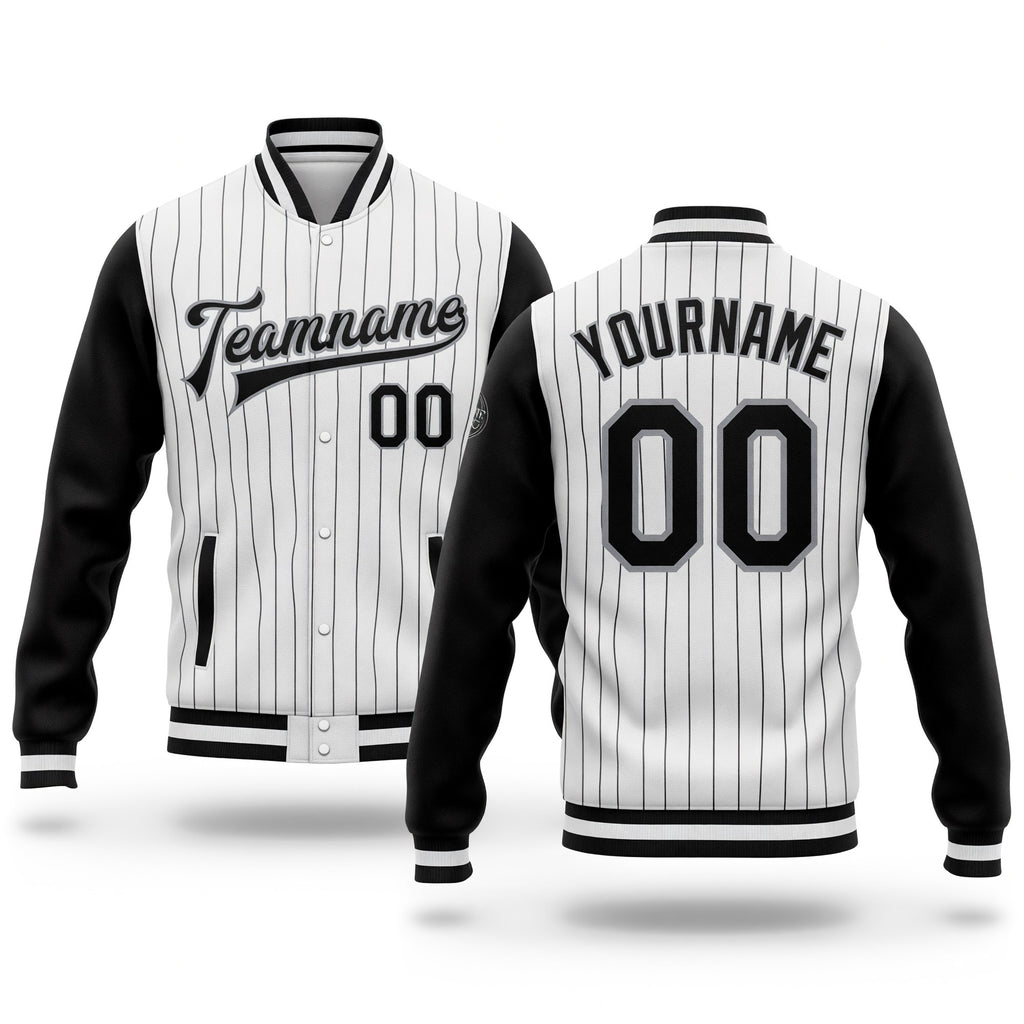 Custom White Black Pinstripe Black-Gray Bomber Full-Snap Varsity Letterman Two Tone Jacket