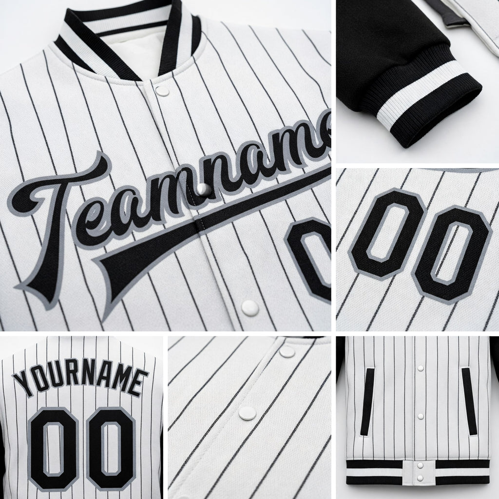 Custom White Black Pinstripe Black-Gray Bomber Full-Snap Varsity Letterman Two Tone Jacket detail