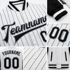 Custom White Black Pinstripe Black-Gray Bomber Full-Snap Varsity Letterman Two Tone Jacket detail