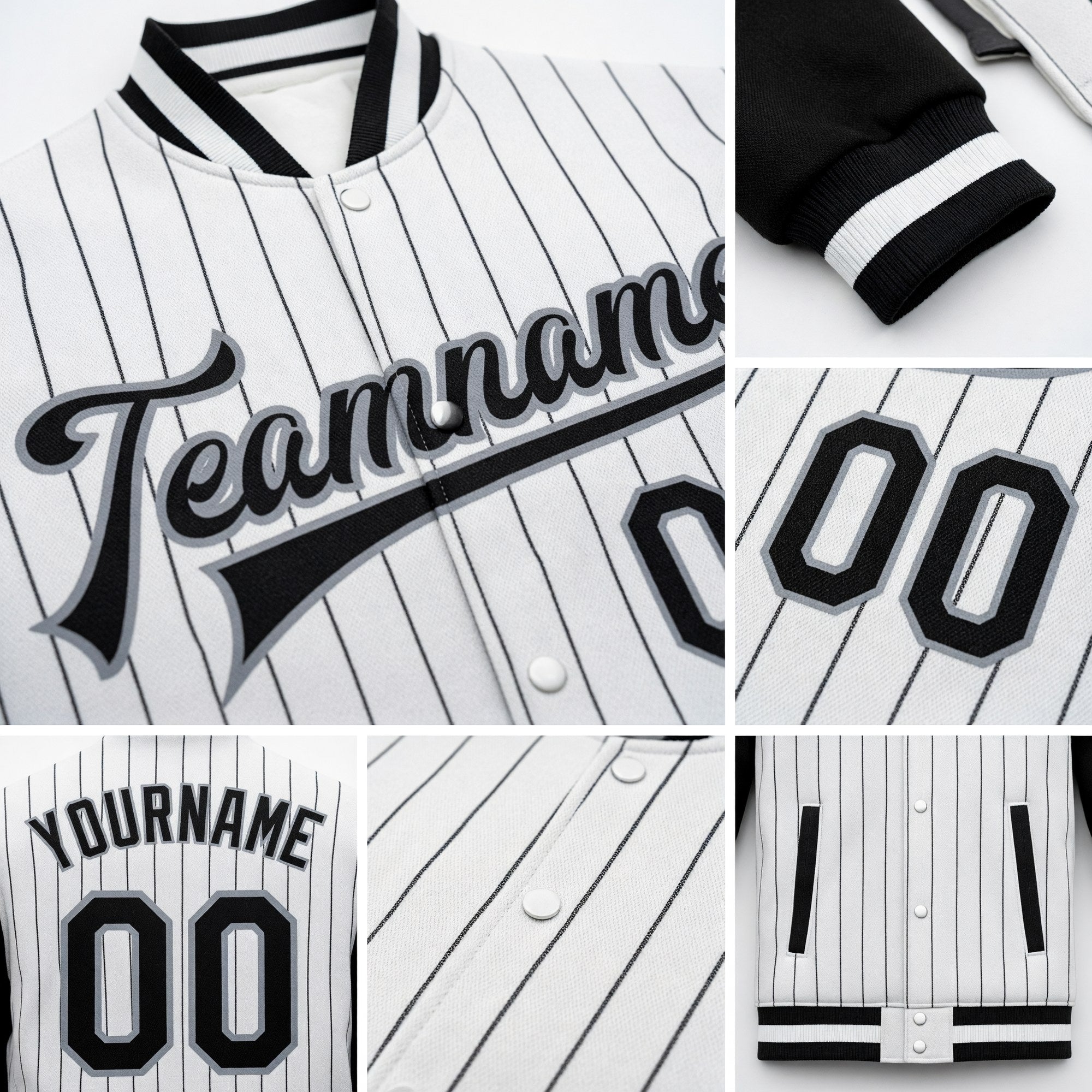Custom White Black Pinstripe Black-Gray Bomber Full-Snap Varsity Letterman Two Tone Jacket detail