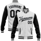 Custom White Black Pinstripe Black-Gray Bomber Full-Snap Varsity Letterman Two Tone Jacket photo 1
