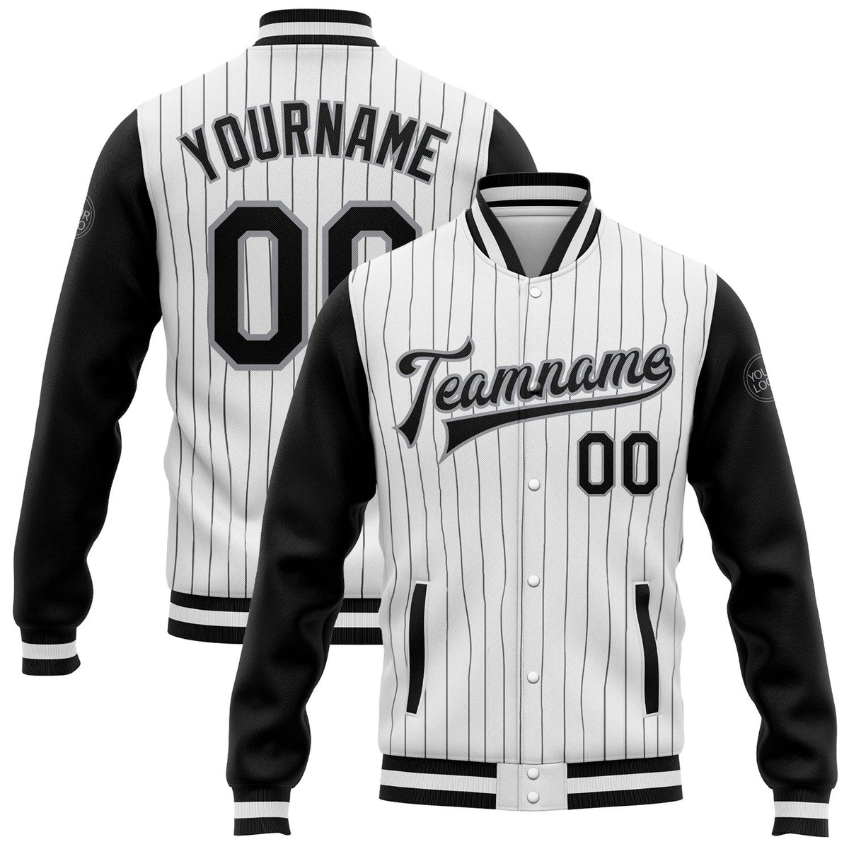 Custom White Black Pinstripe Black-Gray Bomber Full-Snap Varsity Letterman Two Tone Jacket photo 1