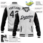 Custom White Black Pinstripe Black-Gray Bomber Full-Snap Varsity Letterman Two Tone Jacket photo 5