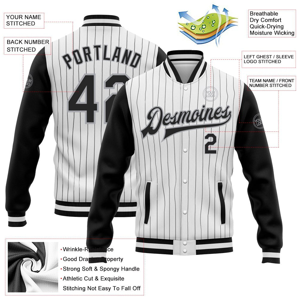 Custom White Black Pinstripe Black-Gray Bomber Full-Snap Varsity Letterman Two Tone Jacket photo 5