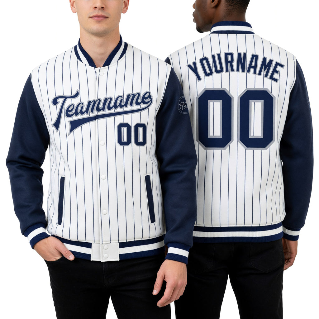 Custom White Navy Pinstripe Navy-Gray Bomber Full-Snap Varsity Letterman Two Tone Jacket worn front and back