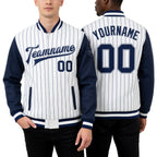 Custom White Navy Pinstripe Navy-Gray Bomber Full-Snap Varsity Letterman Two Tone Jacket worn front and back