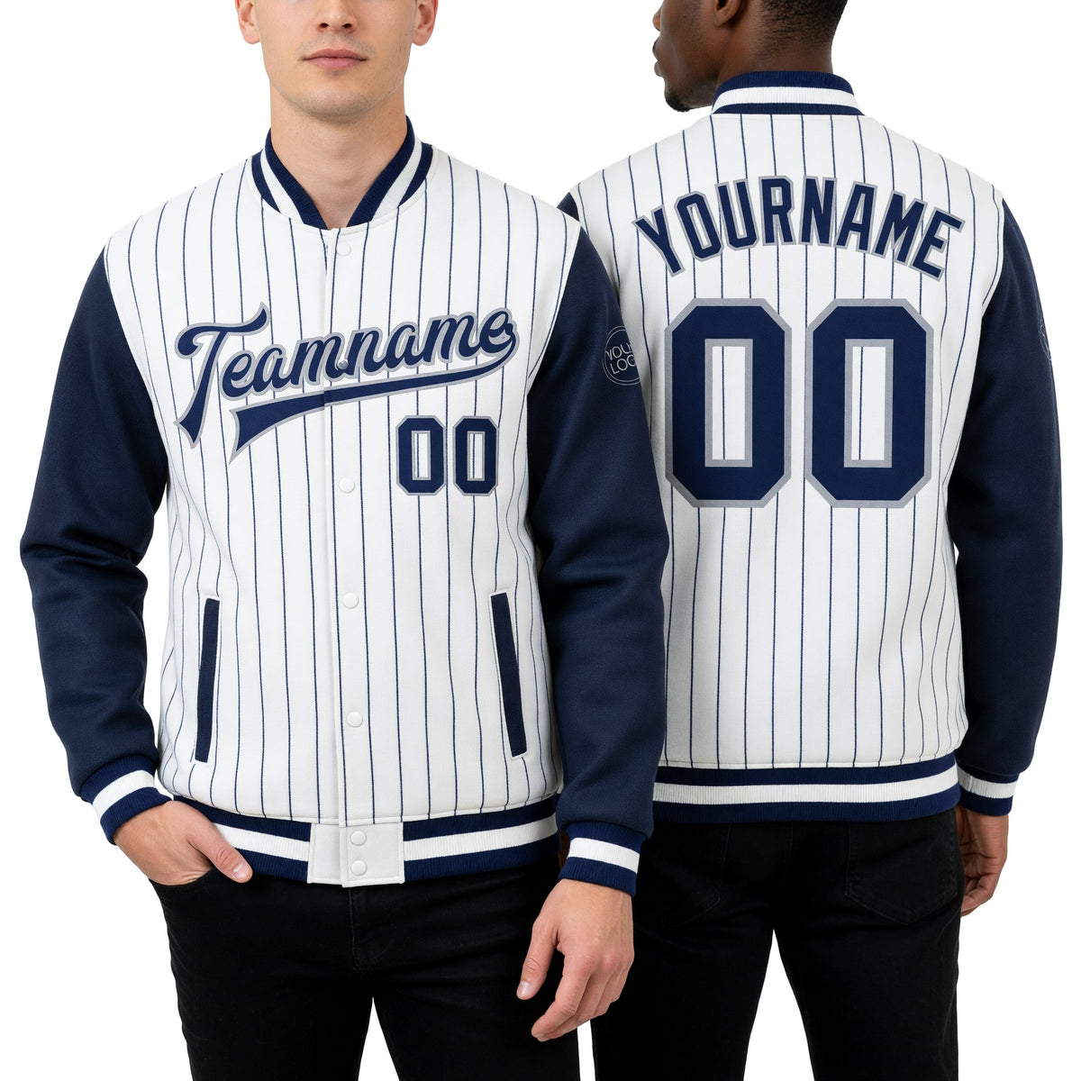 Custom White Navy Pinstripe Navy-Gray Bomber Full-Snap Varsity Letterman Two Tone Jacket worn front and back