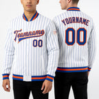 Custom White Royal Pinstripe Royal-Orange Bomber Full-Snap Varsity Letterman Jacket worn front and back