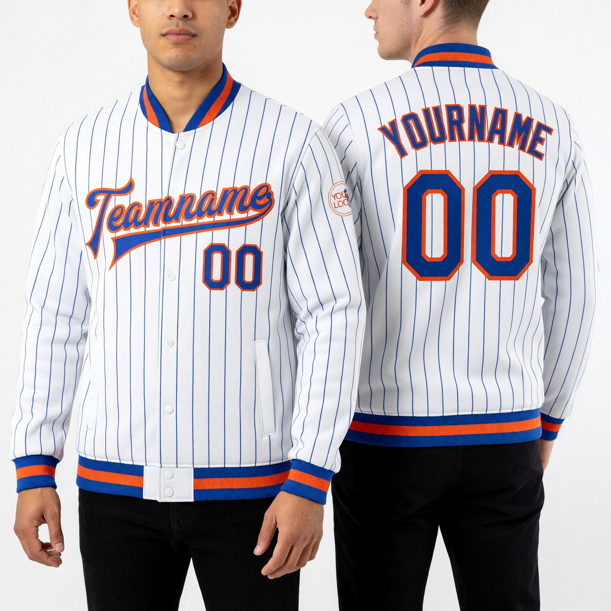 Custom White Royal Pinstripe Royal-Orange Bomber Full-Snap Varsity Letterman Jacket worn front and back
