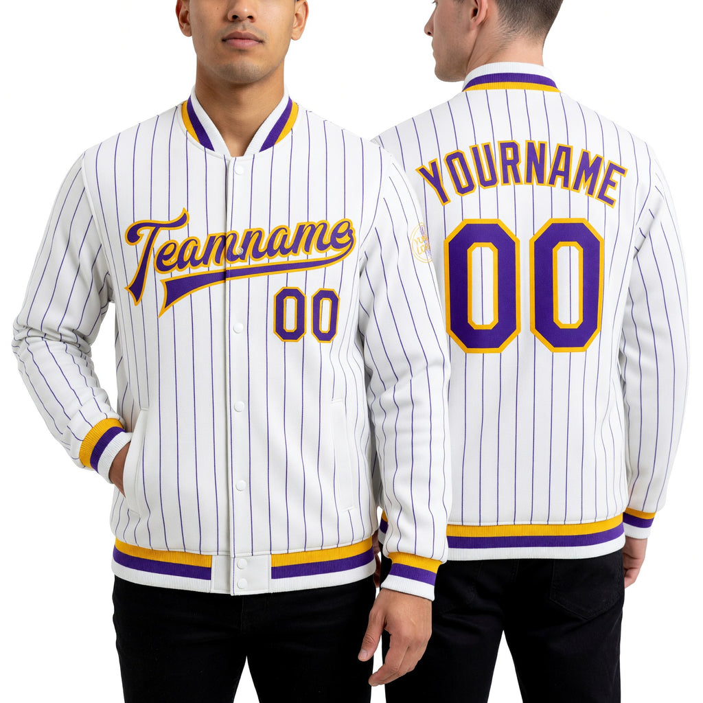 Custom White Purple Pinstripe Purple-Gold Bomber Full-Snap Varsity Letterman Jacket worn front and back
