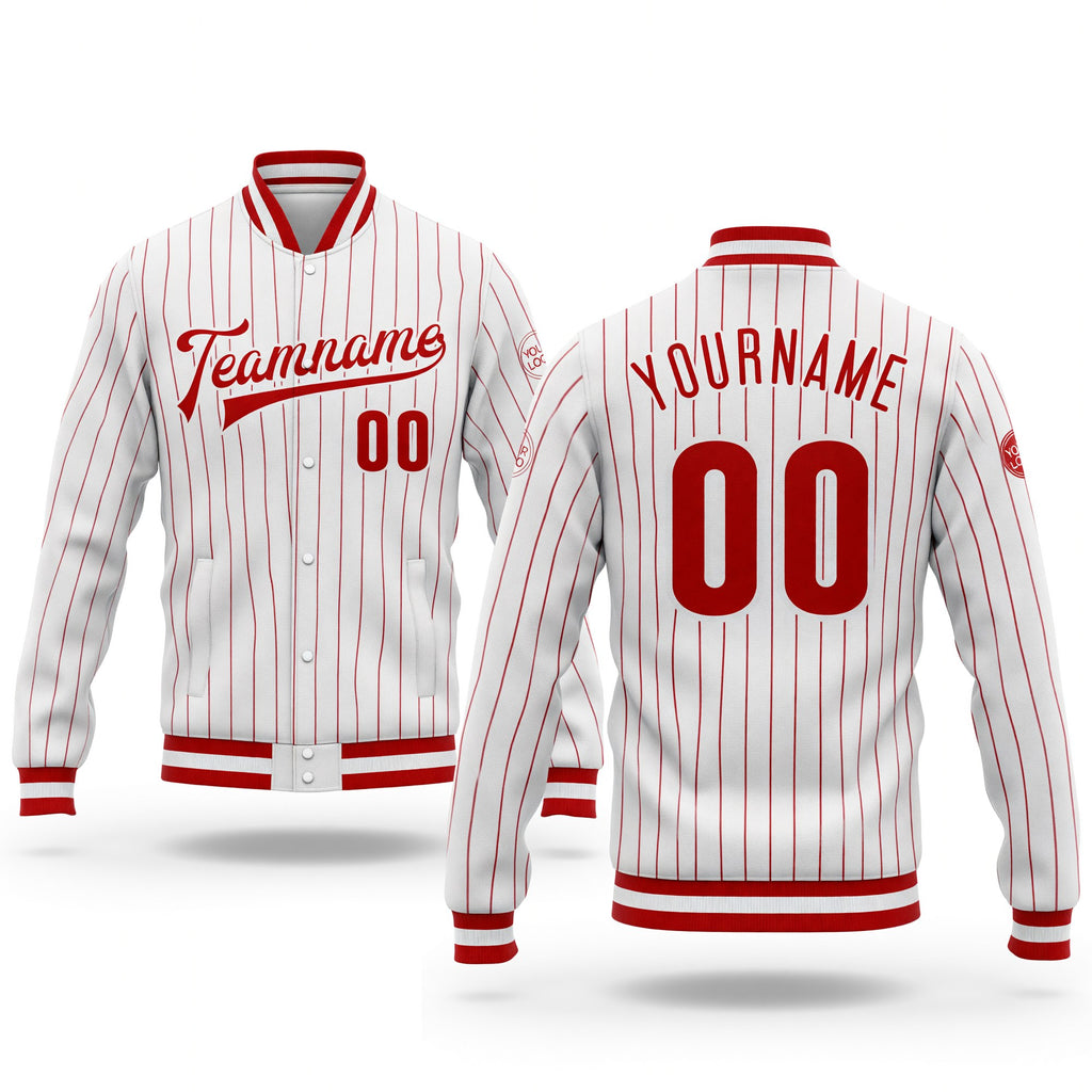 Custom White Red Pinstripe Red-White Bomber Full-Snap Varsity Letterman Jacket
