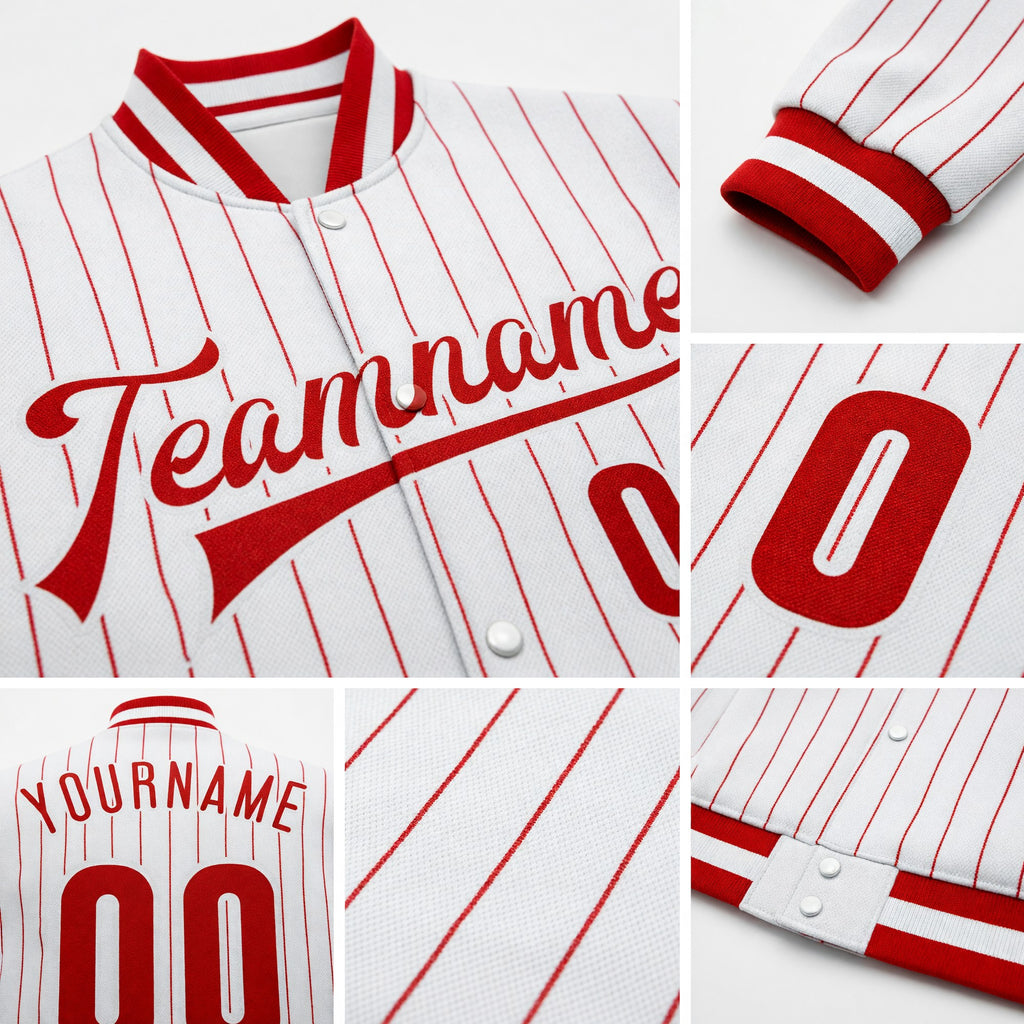 Custom White Red Pinstripe Red-White Bomber Full-Snap Varsity Letterman Jacket detail