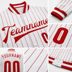 Custom White Red Pinstripe Red-White Bomber Full-Snap Varsity Letterman Jacket detail