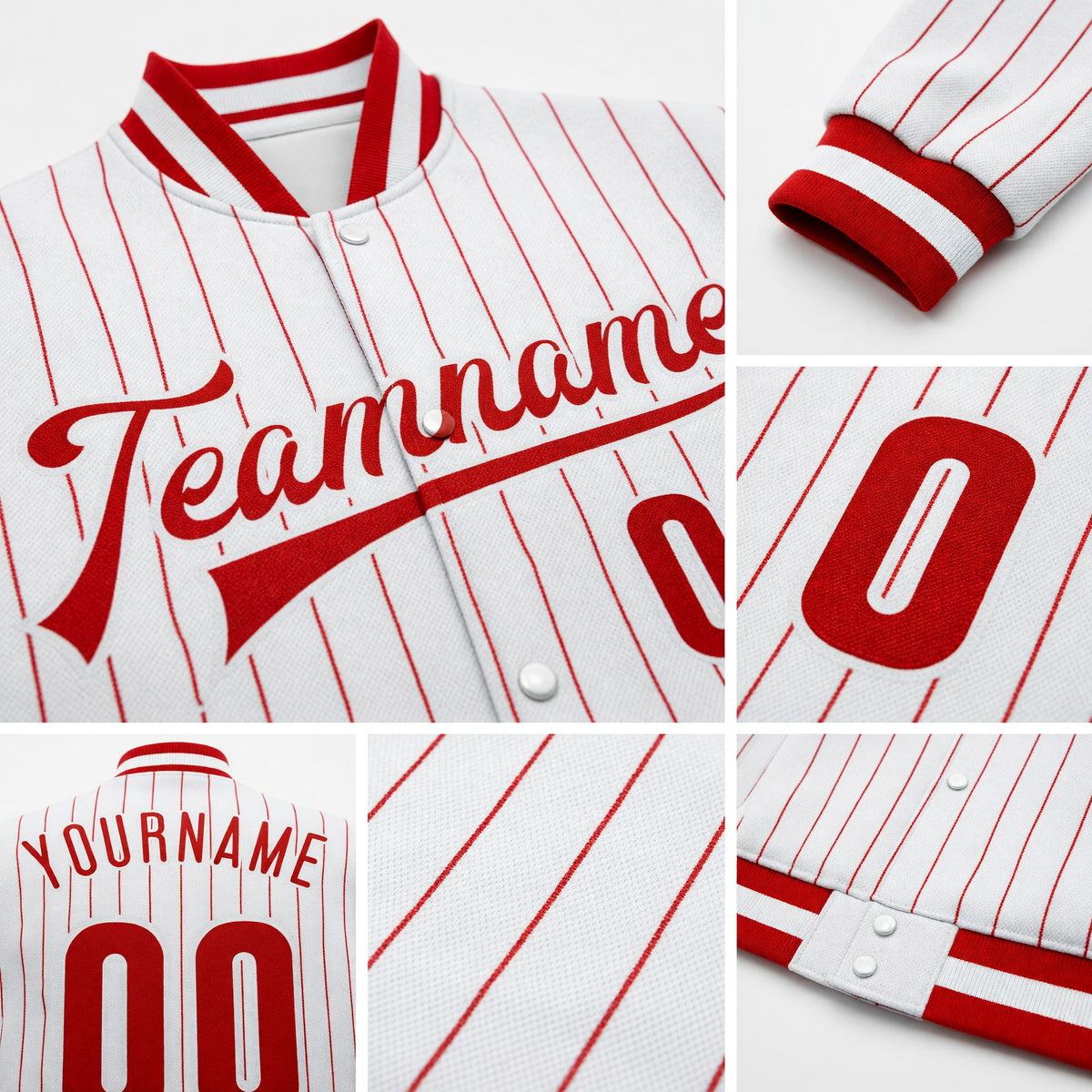 Custom White Red Pinstripe Red-White Bomber Full-Snap Varsity Letterman Jacket detail