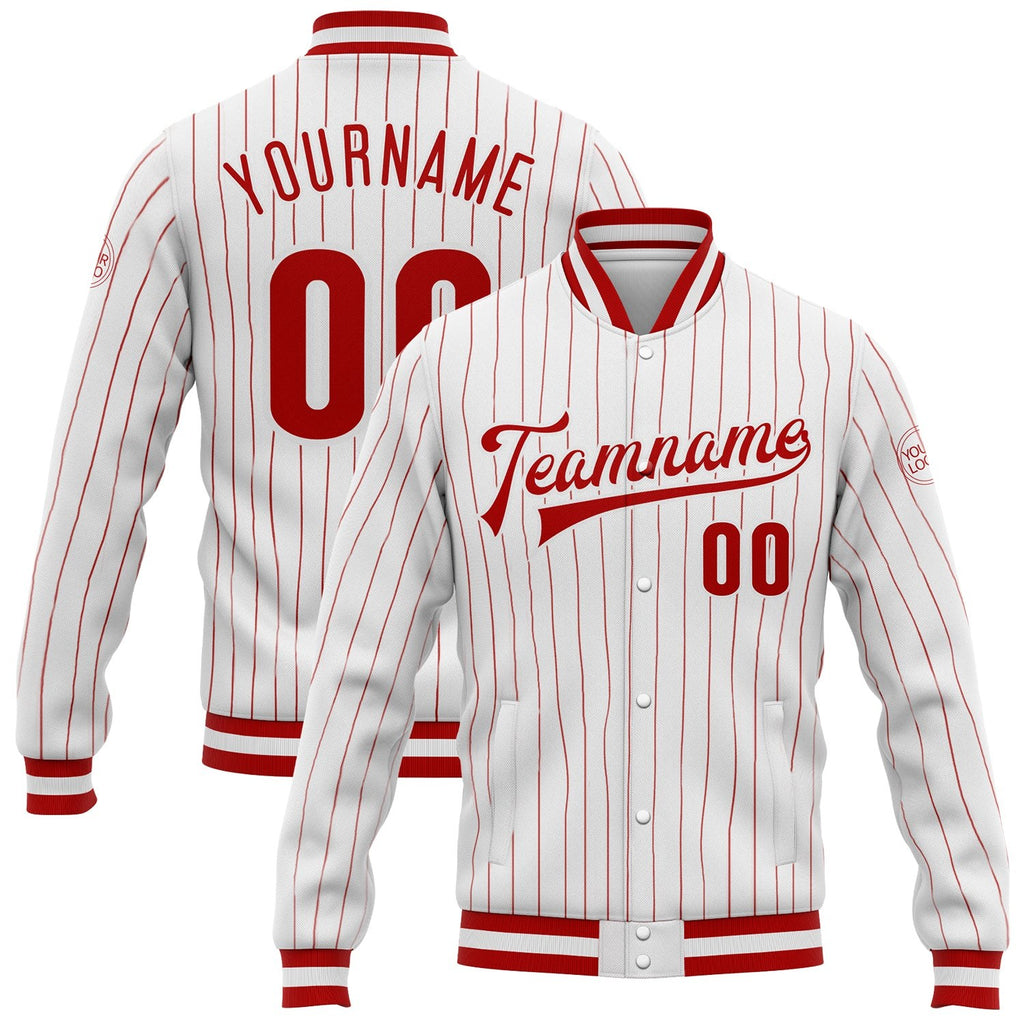 Custom White Red Pinstripe Red-White Bomber Full-Snap Varsity Letterman Jacket photo 1