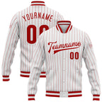 Custom White Red Pinstripe Red-White Bomber Full-Snap Varsity Letterman Jacket photo 1