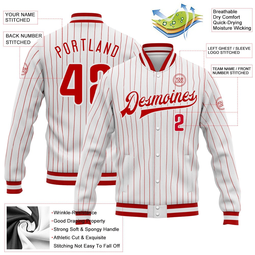 Custom White Red Pinstripe Red-White Bomber Full-Snap Varsity Letterman Jacket photo 5