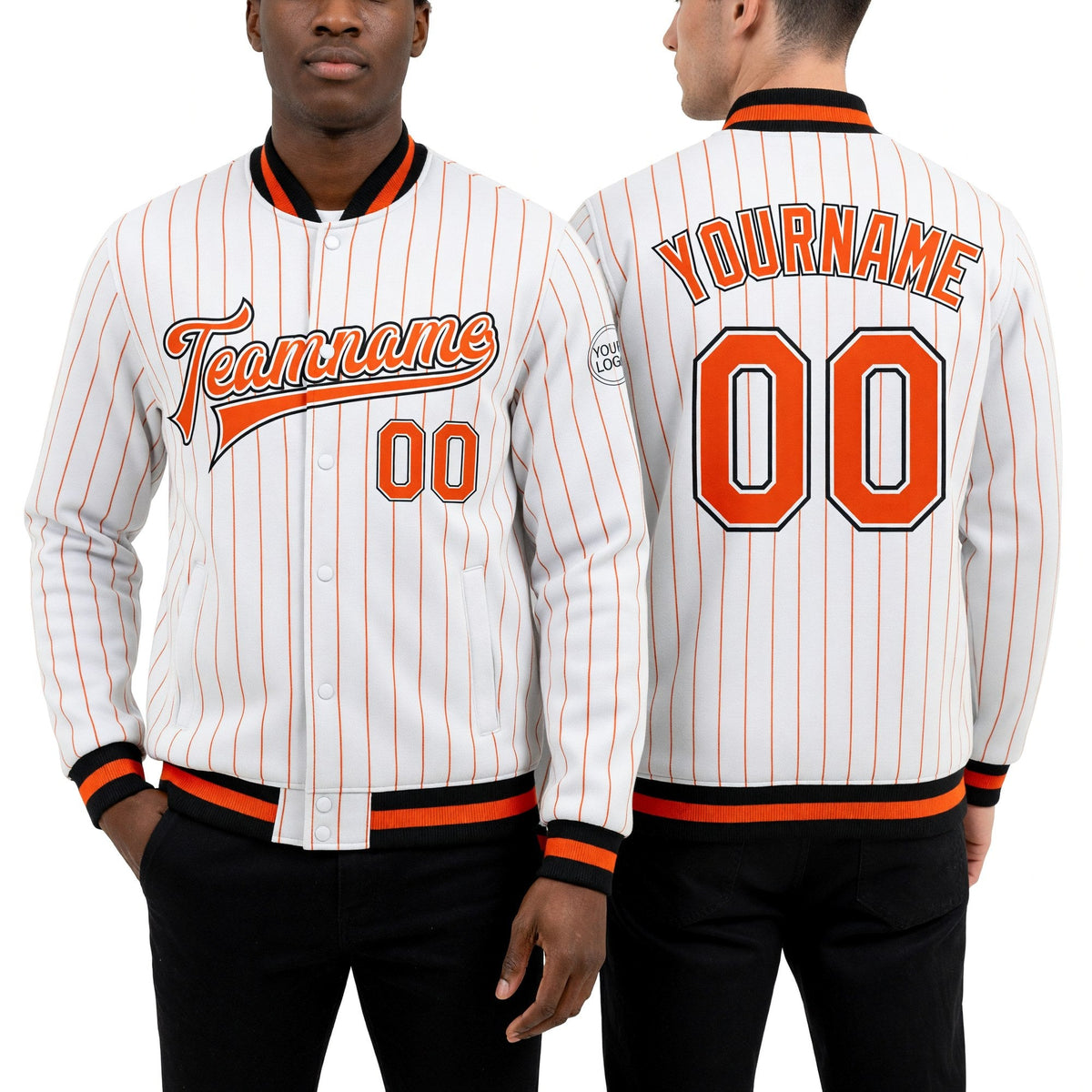 Custom White Orange Pinstripe Orange-Black Bomber Full-Snap Varsity Letterman Jacket worn front and back