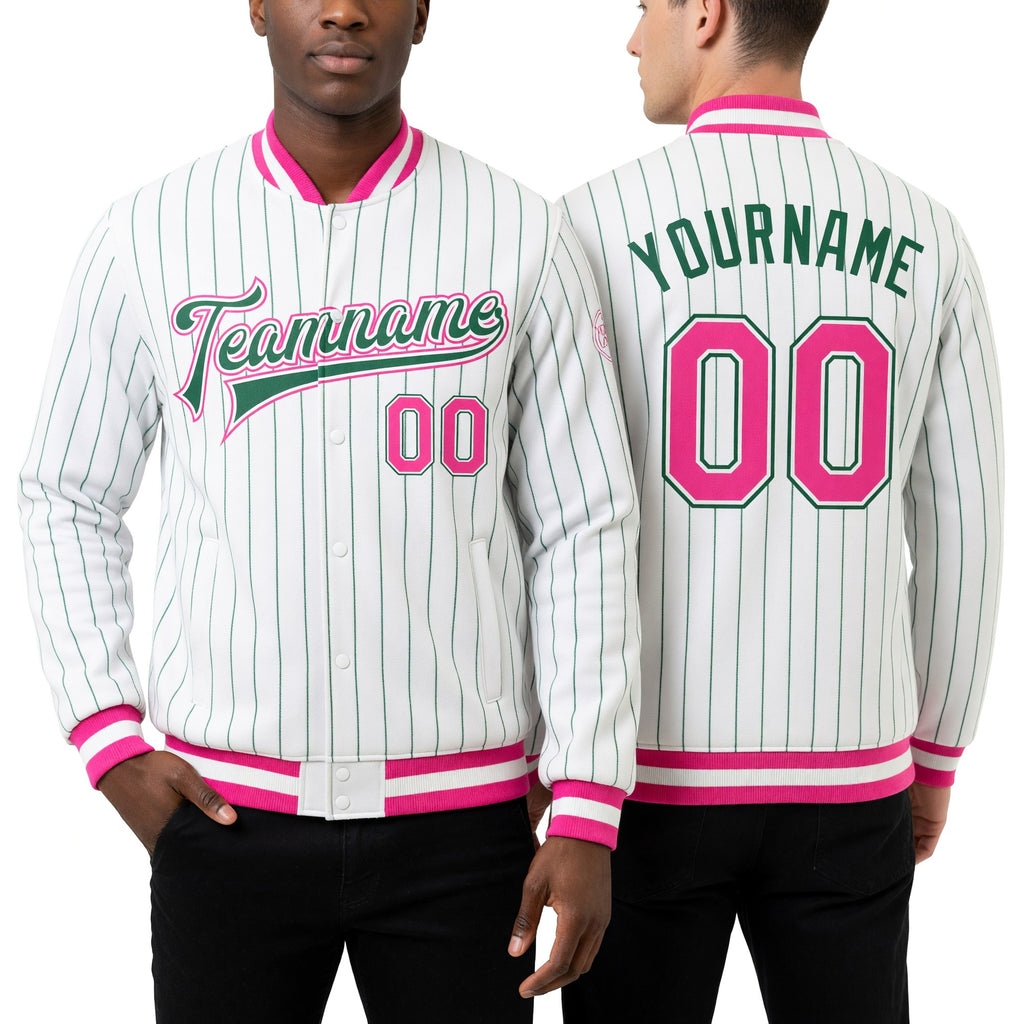 Custom White Kelly Green Pinstripe Pink-Kelly Green Bomber Full-Snap Varsity Letterman Jacket worn front and back