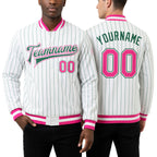 Custom White Kelly Green Pinstripe Pink-Kelly Green Bomber Full-Snap Varsity Letterman Jacket worn front and back