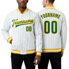 Custom White Kelly Green Pinstripe Kelly Green-Gold Bomber Full-Snap Varsity Letterman Jacket worn front and back