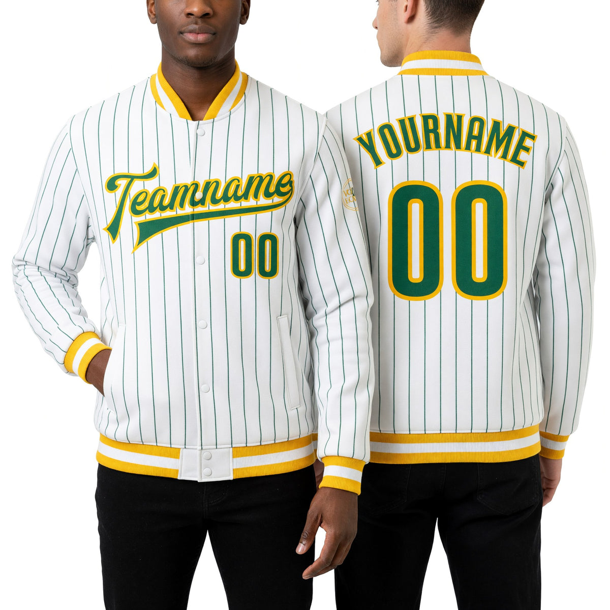 Custom White Kelly Green Pinstripe Kelly Green-Gold Bomber Full-Snap Varsity Letterman Jacket worn front and back