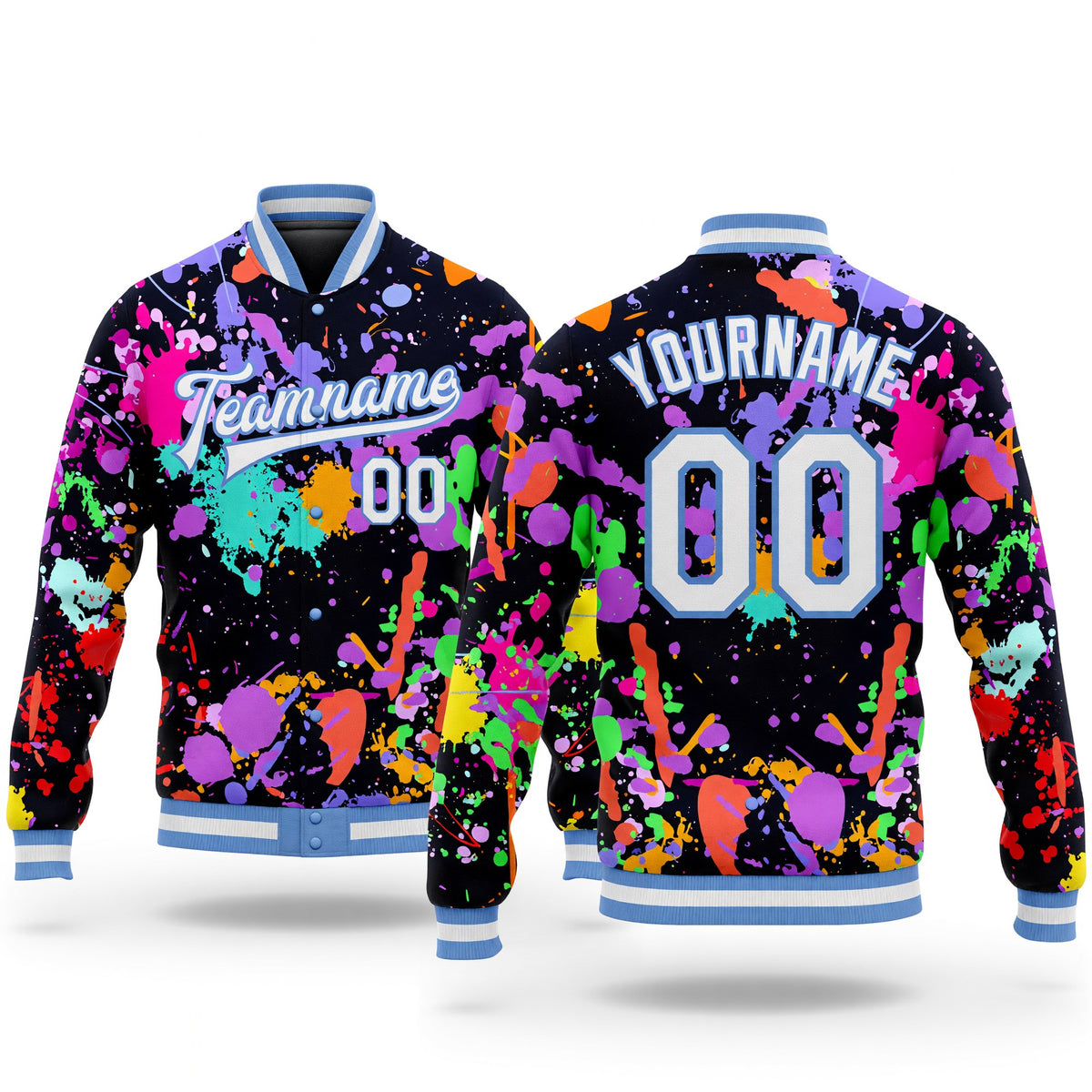 Custom Graffiti Pattern White-Light Blue Splashes 3D Bomber Full-Snap Varsity Letterman Jacket