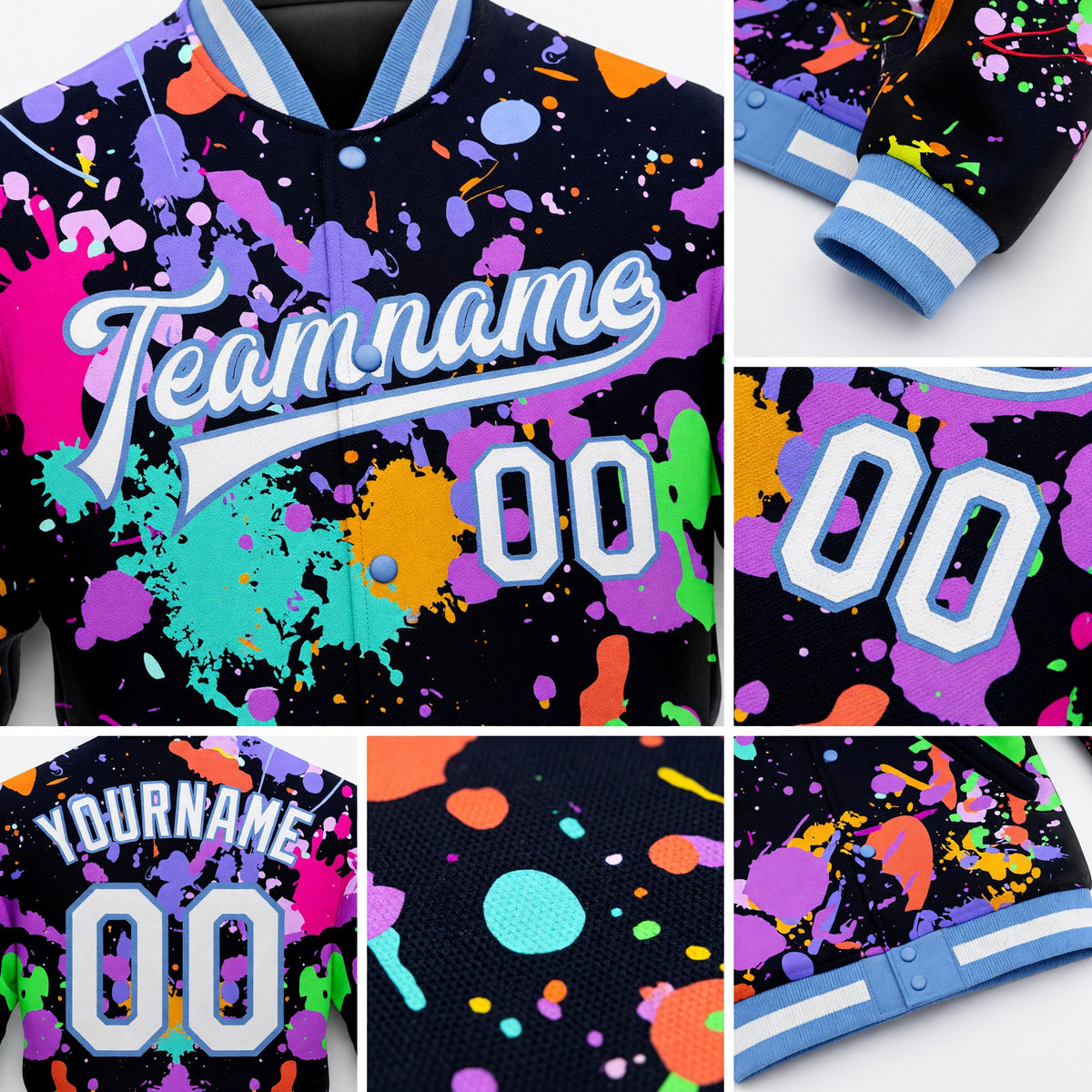 Custom Graffiti Pattern White-Light Blue Splashes 3D Bomber Full-Snap Varsity Letterman Jacket detail