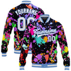 Custom Graffiti Pattern White-Light Blue Splashes 3D Bomber Full-Snap Varsity Letterman Jacket photo 1