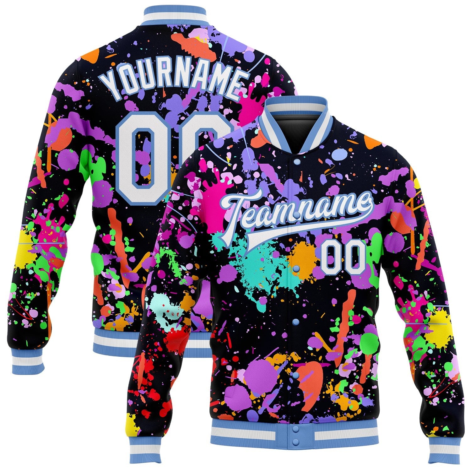 Custom Graffiti Pattern White-Light Blue Splashes 3D Bomber Full-Snap Varsity Letterman Jacket photo 1