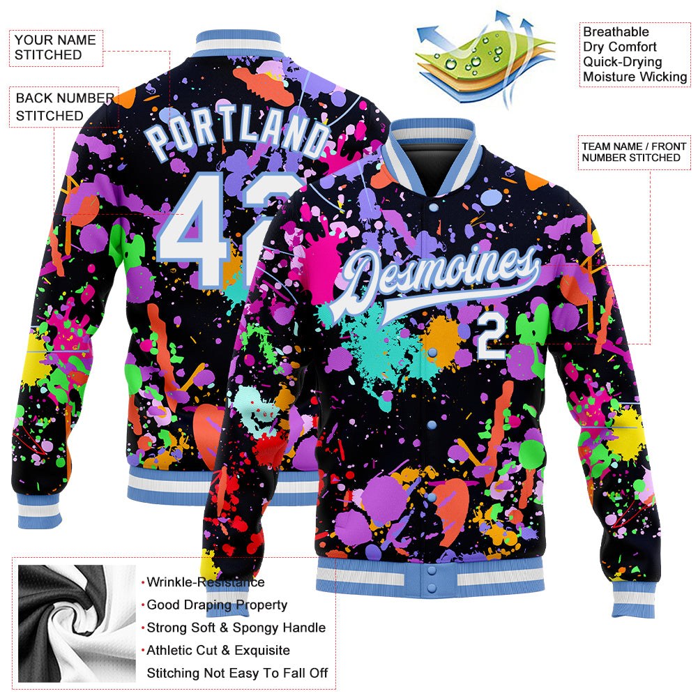 Custom Graffiti Pattern White-Light Blue Splashes 3D Bomber Full-Snap Varsity Letterman Jacket photo 5
