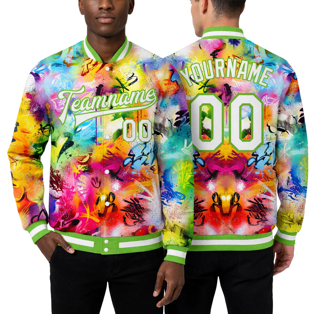 Custom Graffiti Pattern White-Neon Green Scratch 3D Bomber Full-Snap Varsity Letterman Jacket worn front and back