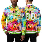 Custom Graffiti Pattern White-Neon Green Scratch 3D Bomber Full-Snap Varsity Letterman Jacket worn front and back