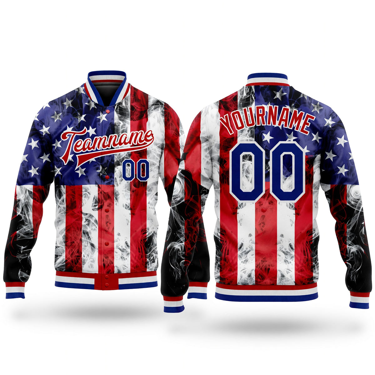 Custom White Royal-Red American Flag Fashion 3D Bomber Full-Snap Varsity Letterman Jacket