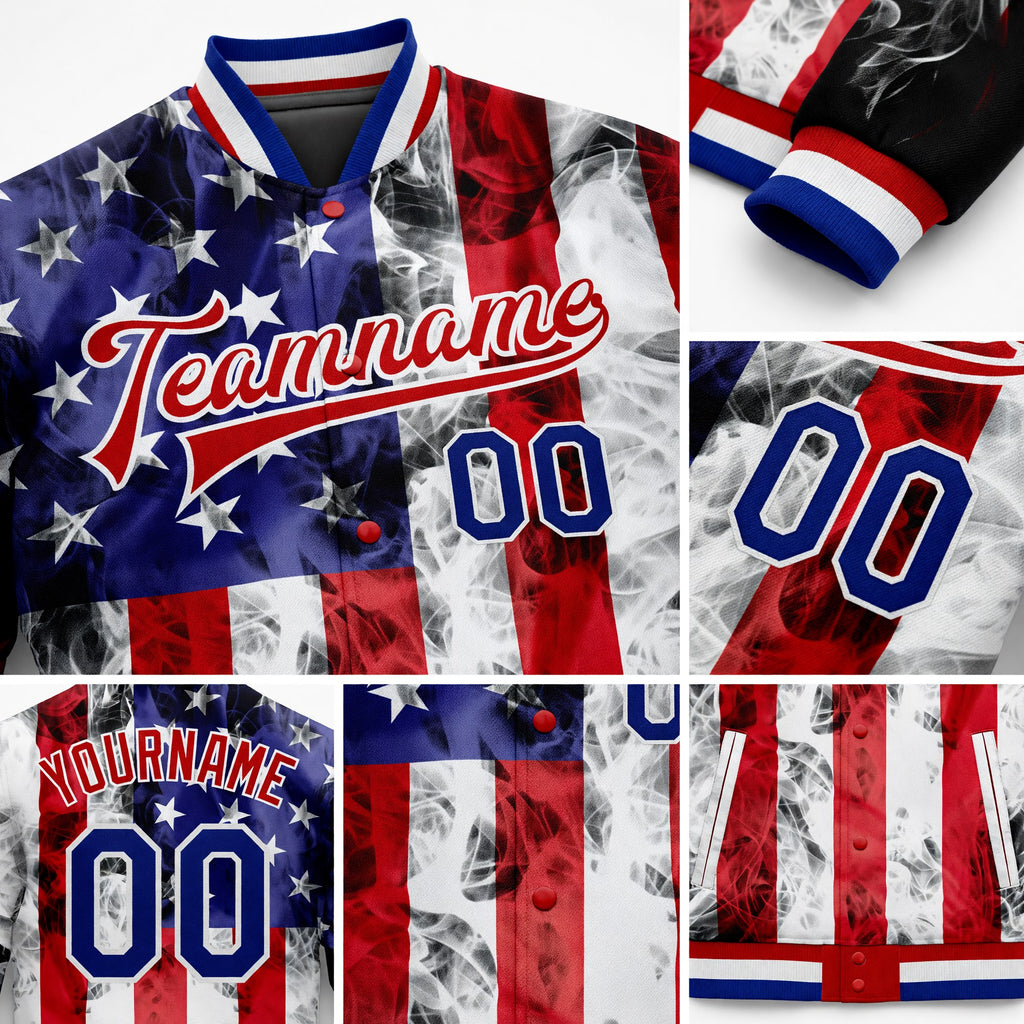 Custom White Royal-Red American Flag Fashion 3D Bomber Full-Snap Varsity Letterman Jacket detail