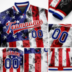 Custom White Royal-Red American Flag Fashion 3D Bomber Full-Snap Varsity Letterman Jacket detail