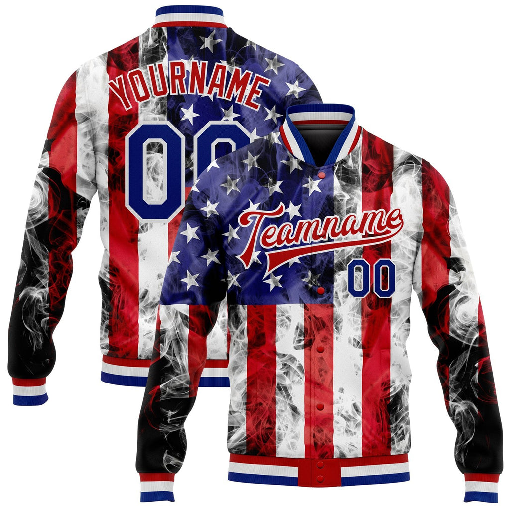 Custom White Royal-Red American Flag Fashion 3D Bomber Full-Snap Varsity Letterman Jacket photo 1