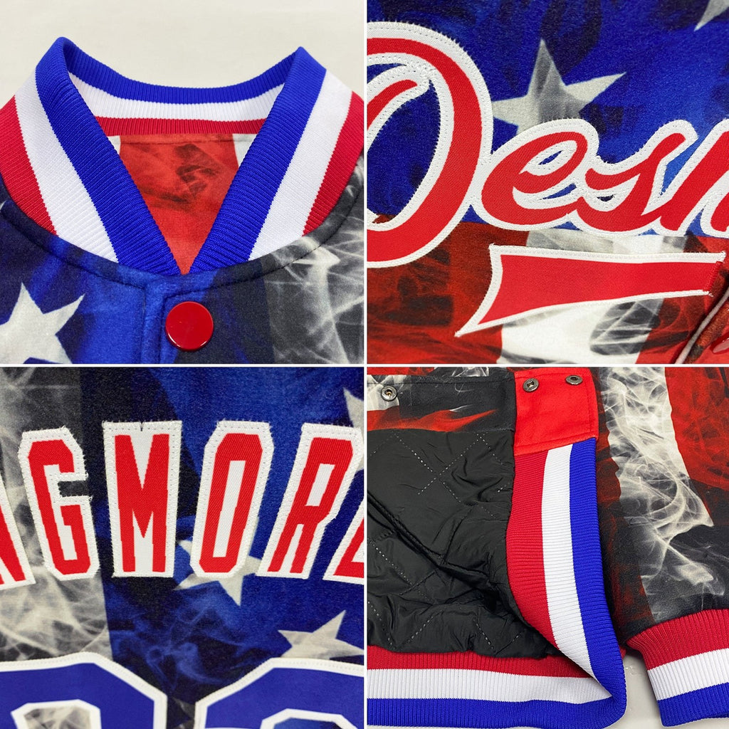 Custom White Royal-Red American Flag Fashion 3D Bomber Full-Snap Varsity Letterman Jacket photo 4
