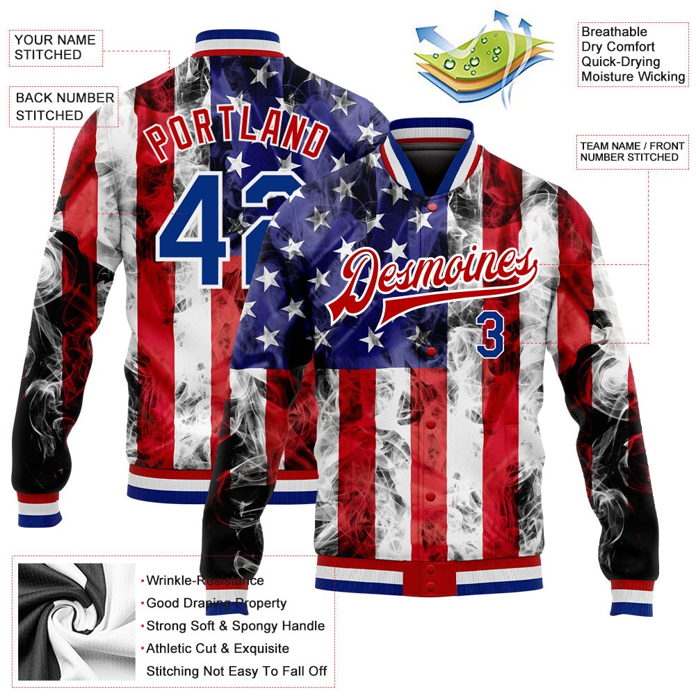 Custom White Royal-Red American Flag Fashion 3D Bomber Full-Snap Varsity Letterman Jacket photo 5